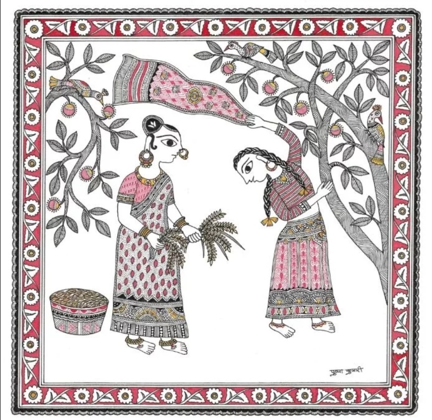Madhubani Painting (without frame) on Silk Fabric